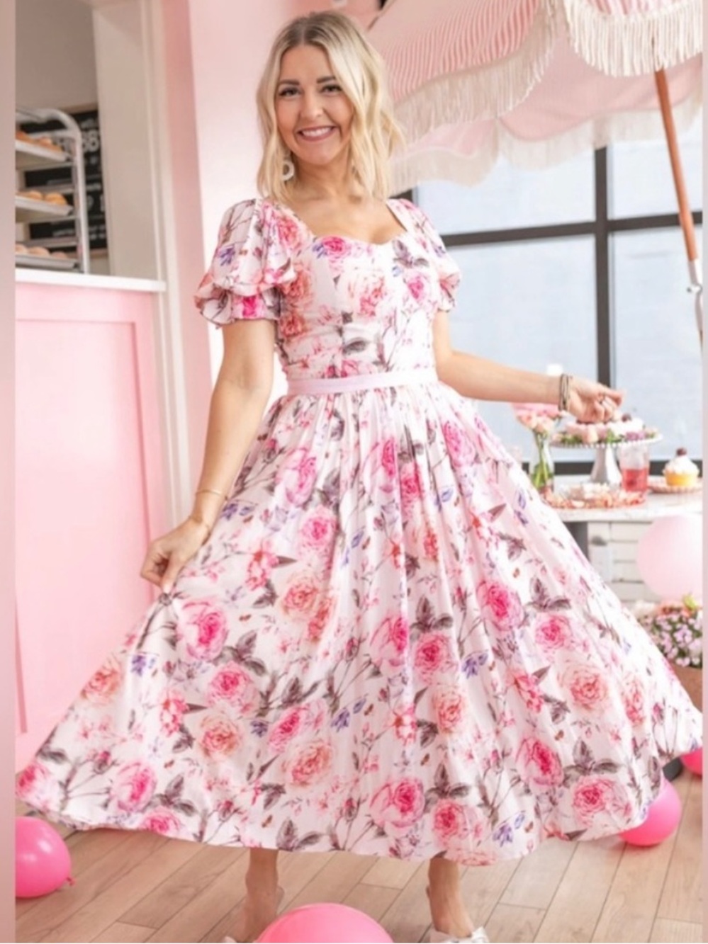 Ivy City Co Ballerina Dress Pink Blossom Floral Midi Puff Sleeve Medium